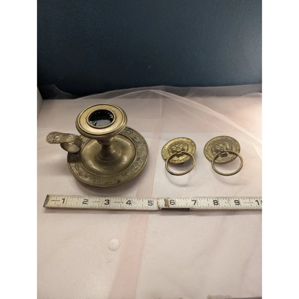 Brass Chamberstick Candle Holder & Pair of Lion Head Ring Pulls Vanity Hardware